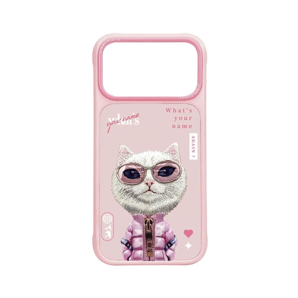 NIMMY Friends 17 Pro Max 3D Nakış İşlemeli Kedi  Desenli Gözlük Ve Fermuar Detaylı    Kılıf Pembe