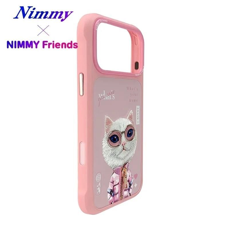 NIMMY Friends 17 Pro Max 3D Nakış İşlemeli Kedi  Desenli Gözlük Ve Fermuar Detaylı    Kılıf Pembe