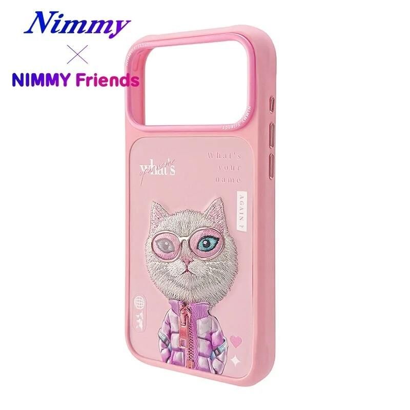 NIMMY Friends 17 Pro Max 3D Nakış İşlemeli Kedi  Desenli Gözlük Ve Fermuar Detaylı    Kılıf Pembe