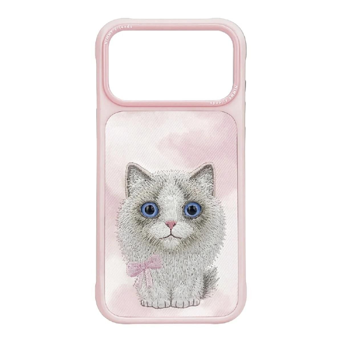 NIMMY Friends 17 Pro 3D Nakış İşlemeli Ragdoll Kedi Desenli Büyük Göz Serisi  Metal Çerçeveli Düz    Kılıf pembe