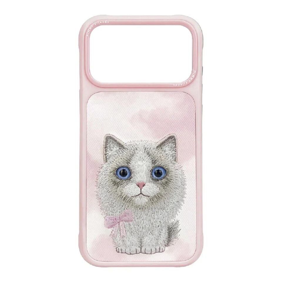 NIMMY Friends 17 Pro 3D Nakış İşlemeli Ragdoll Kedi Desenli Büyük Göz Serisi  Metal Çerçeveli Düz    Kılıf pembe