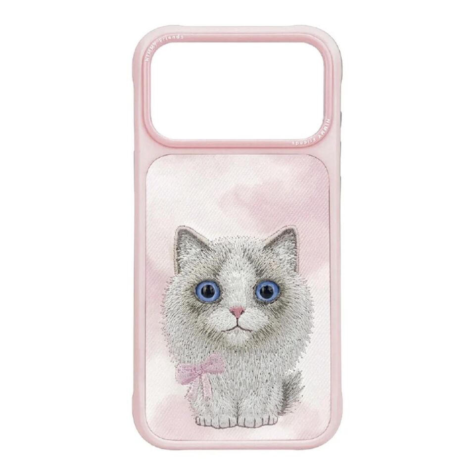 NIMMY Friends 17 Pro 3D Nakış İşlemeli Ragdoll Kedi Desenli Büyük Göz Serisi  Metal Çerçeveli Düz    Kılıf pembe