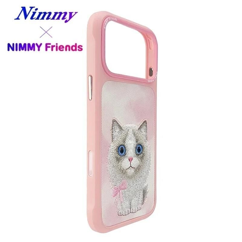 NIMMY Friends 17 Pro 3D Nakış İşlemeli Ragdoll Kedi Desenli Büyük Göz Serisi  Metal Çerçeveli Düz    Kılıf pembe