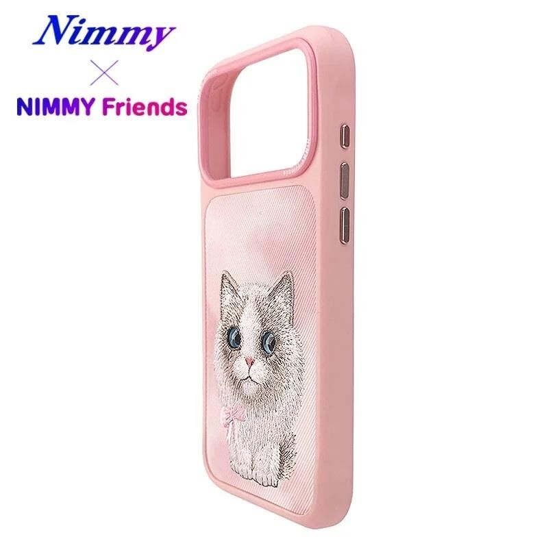 NIMMY Friends 17 Pro 3D Nakış İşlemeli Ragdoll Kedi Desenli Büyük Göz Serisi  Metal Çerçeveli Düz    Kılıf pembe