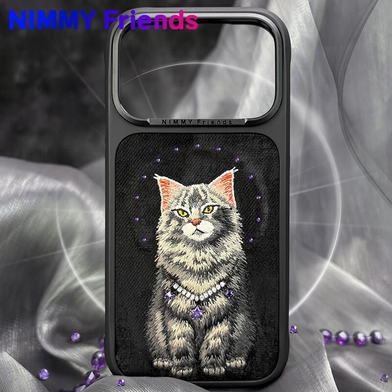 NIMMY Friends 17 Pro Max 3D Nakış İşlemeli Kedi Desenli İnci Kolye Detaylı  N XYSS  Kılıf Siyah