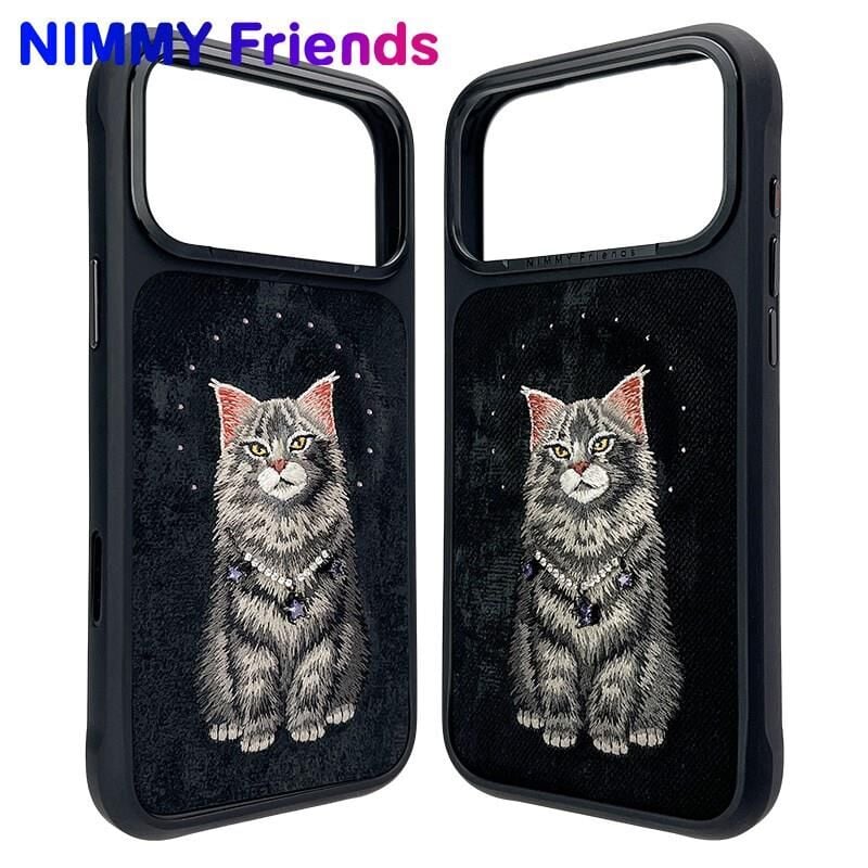 NIMMY Friends 17 Pro Max 3D Nakış İşlemeli Kedi Desenli İnci Kolye Detaylı  N XYSS  Kılıf Siyah