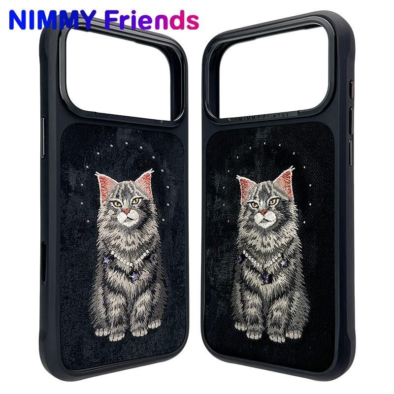 NIMMY Friends 17 Pro Max 3D Nakış İşlemeli Kedi Desenli İnci Kolye Detaylı  N XYSS  Kılıf Siyah