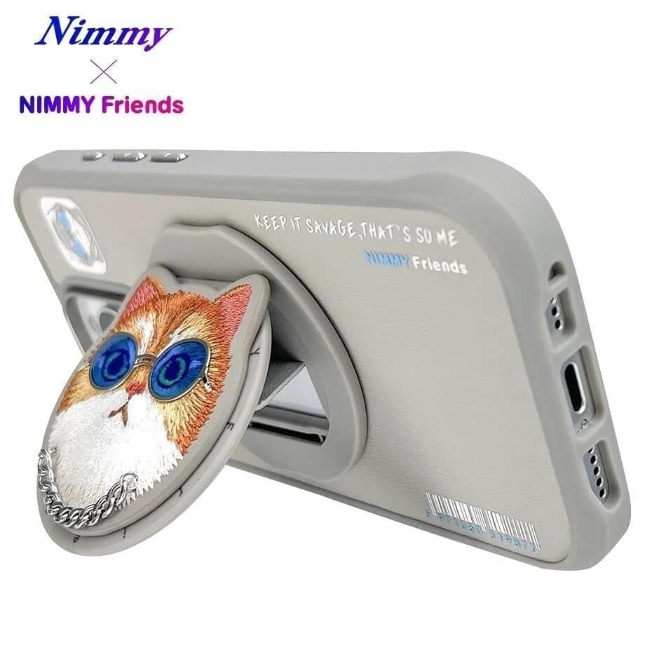 NIMMY Friends 16 Pro Max 3D Nakış İşlemeli Kedi Desenli Gözlük Ve Zincir Detaylı  Değiştirilebilir 3D Socket Aparatlı MagSafe Kılıf Gri