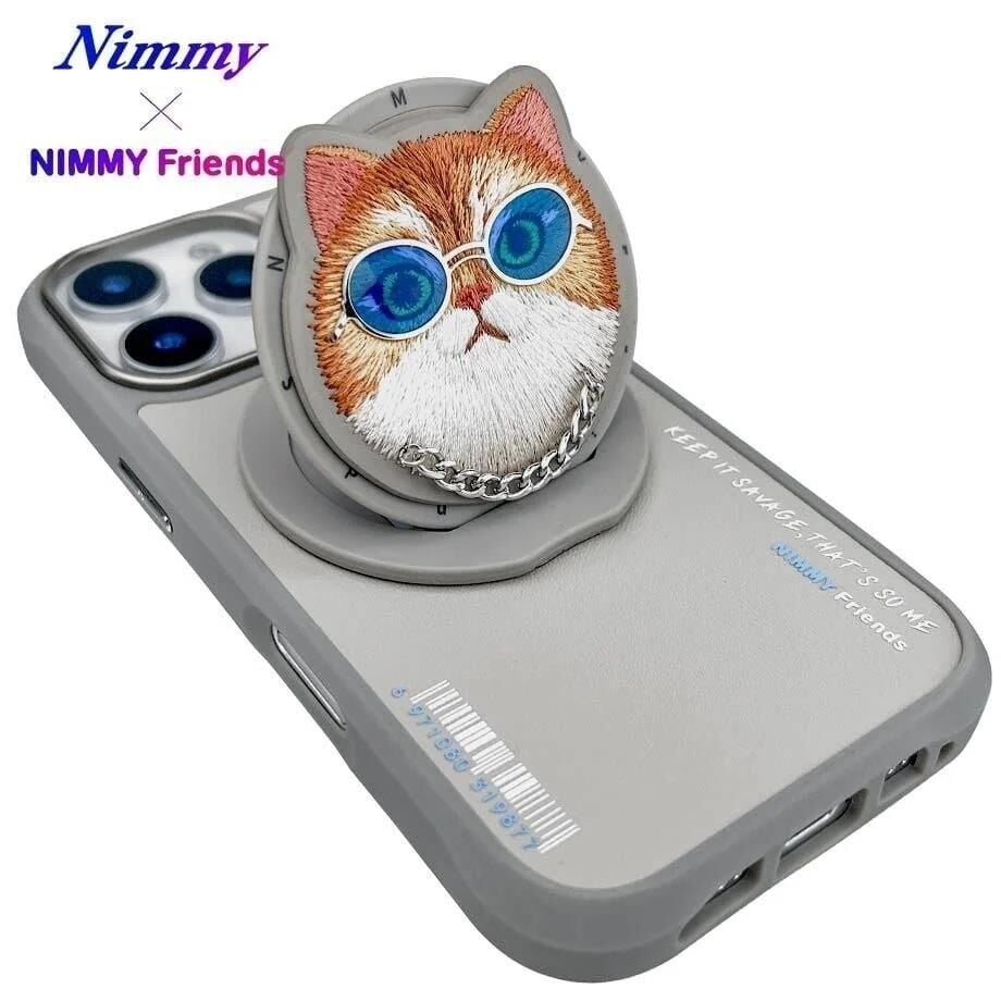 NIMMY Friends 16 Pro Max 3D Nakış İşlemeli Kedi Desenli Gözlük Ve Zincir Detaylı  Değiştirilebilir 3D Socket Aparatlı MagSafe Kılıf Gri