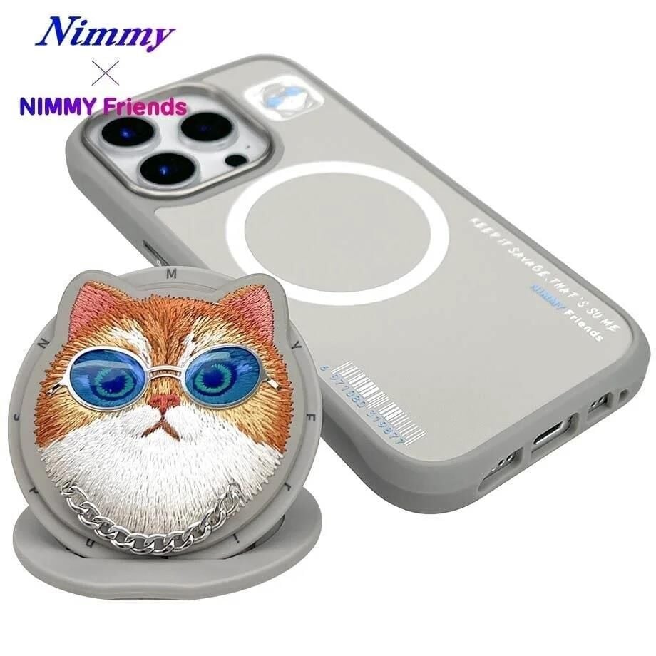 NIMMY Friends 16 Pro Max 3D Nakış İşlemeli Kedi Desenli Gözlük Ve Zincir Detaylı  Değiştirilebilir 3D Socket Aparatlı MagSafe Kılıf Gri