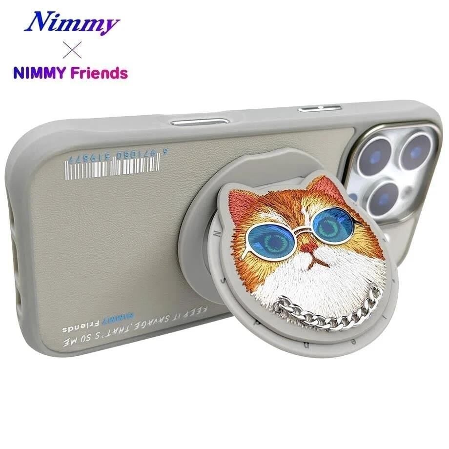 NIMMY Friends 16 Pro Max 3D Nakış İşlemeli Kedi Desenli Gözlük Ve Zincir Detaylı  Değiştirilebilir 3D Socket Aparatlı MagSafe Kılıf Gri