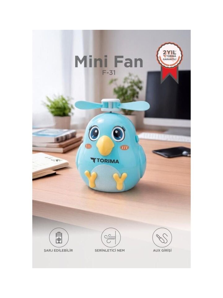 Torima Şarjlı El Vantilatörü Sevimli Kuş Figürlü Mini Taşınabilir Fan F31 Mavi