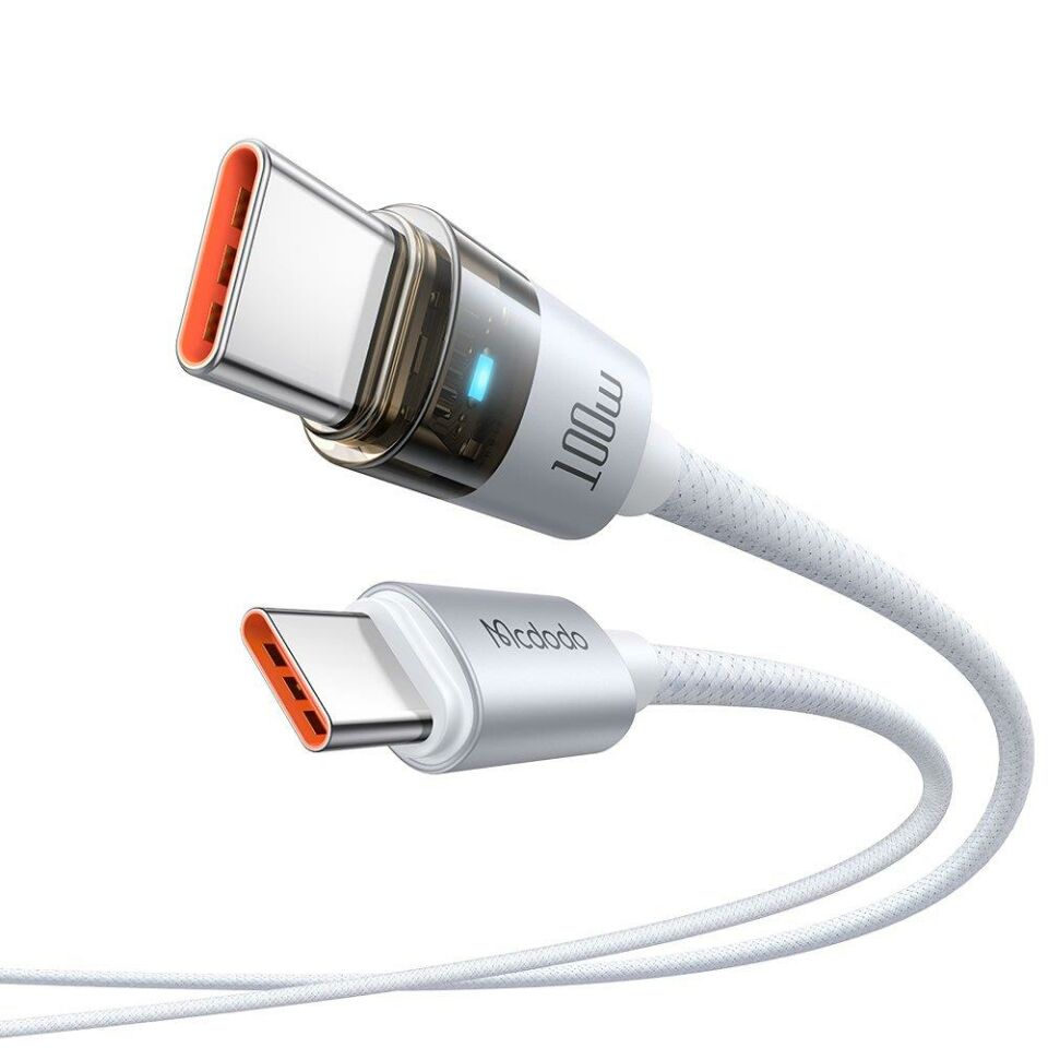 Mcdodo Ca-5582 Type-C To Type-C 100W Şeffaf Kablo Şarj Işığı İle Beyaz