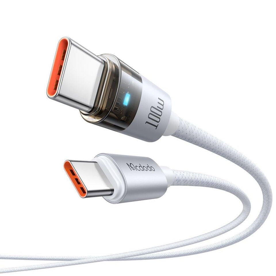 Mcdodo Ca-5582 Type-C To Type-C 100W Şeffaf Kablo Şarj Işığı İle Beyaz