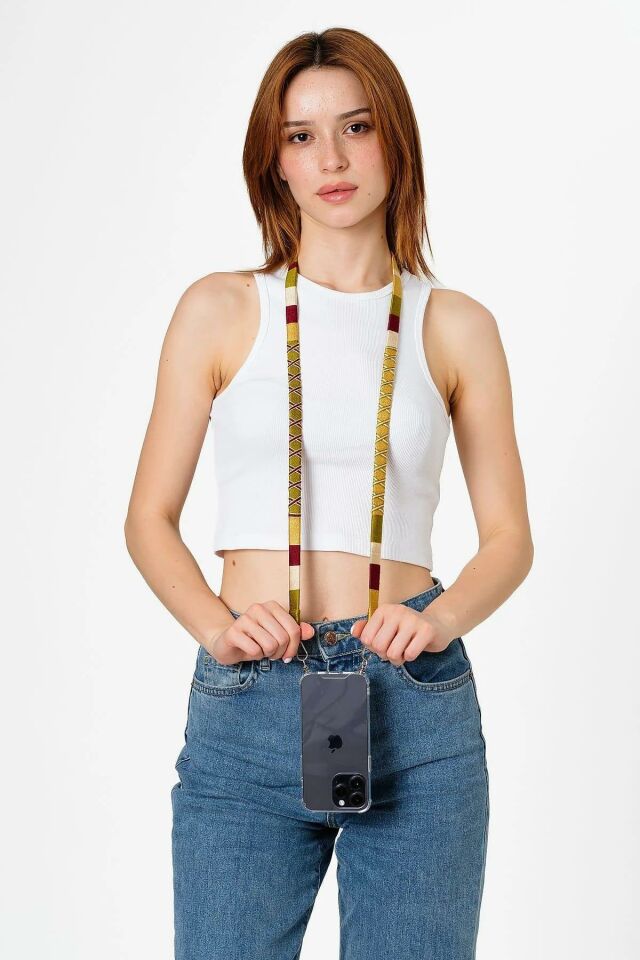 Hippi El Örgüsü Yassı Telefon ve Çanta Askısı 110 cm Mustard