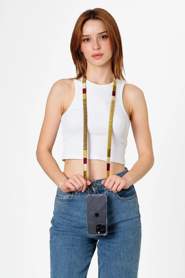 Hippi El Örgüsü Yassı Telefon ve Çanta Askısı 110 cm Mustard