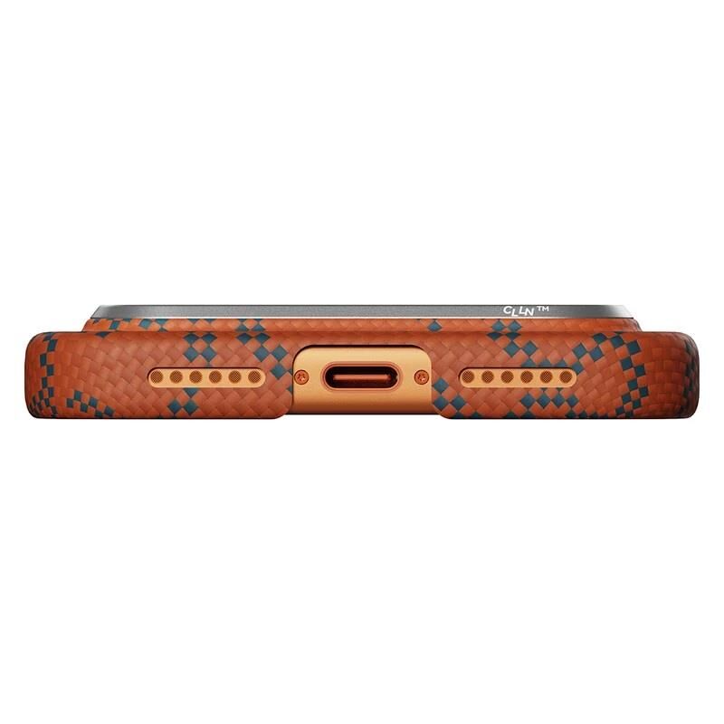 Pitaka iPhone 17 Pro Max  Magsafe Şarj Özellikli Aramid Karbon Fiber  Tactile Woven Monogram Serisi Kılıf Turuncu