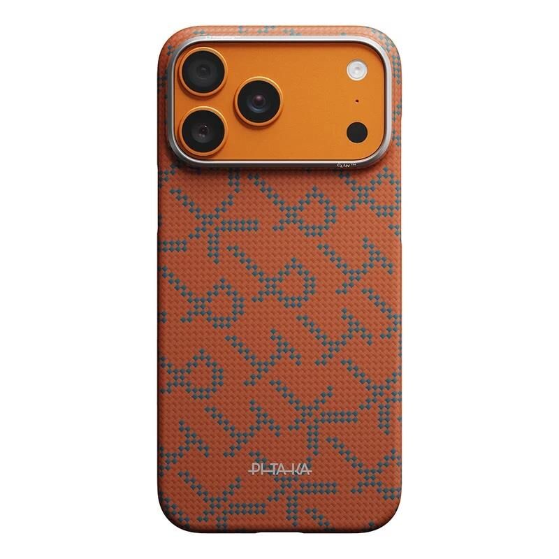 Pitaka iPhone 17 Pro Max  Magsafe Şarj Özellikli Aramid Karbon Fiber  Tactile Woven Monogram Serisi Kılıf Turuncu