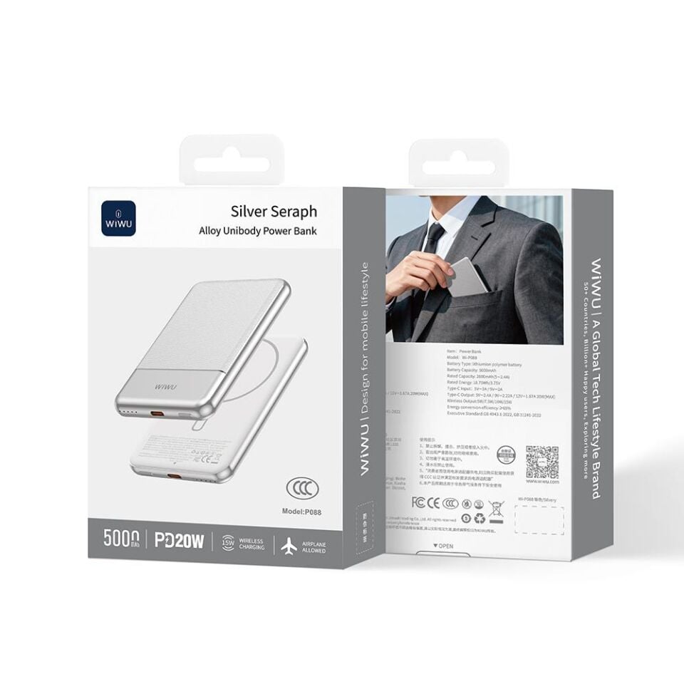 Wiwu Wi-P088 LED Işık Göstergeli PD 20W Kablosuz Powerbank 5000mAh 15W Gümüş