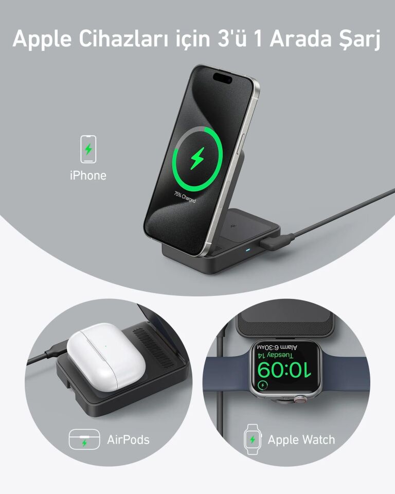 Anker MagGo Kablosuz Şarj Seti 15W B2557 Siyah
