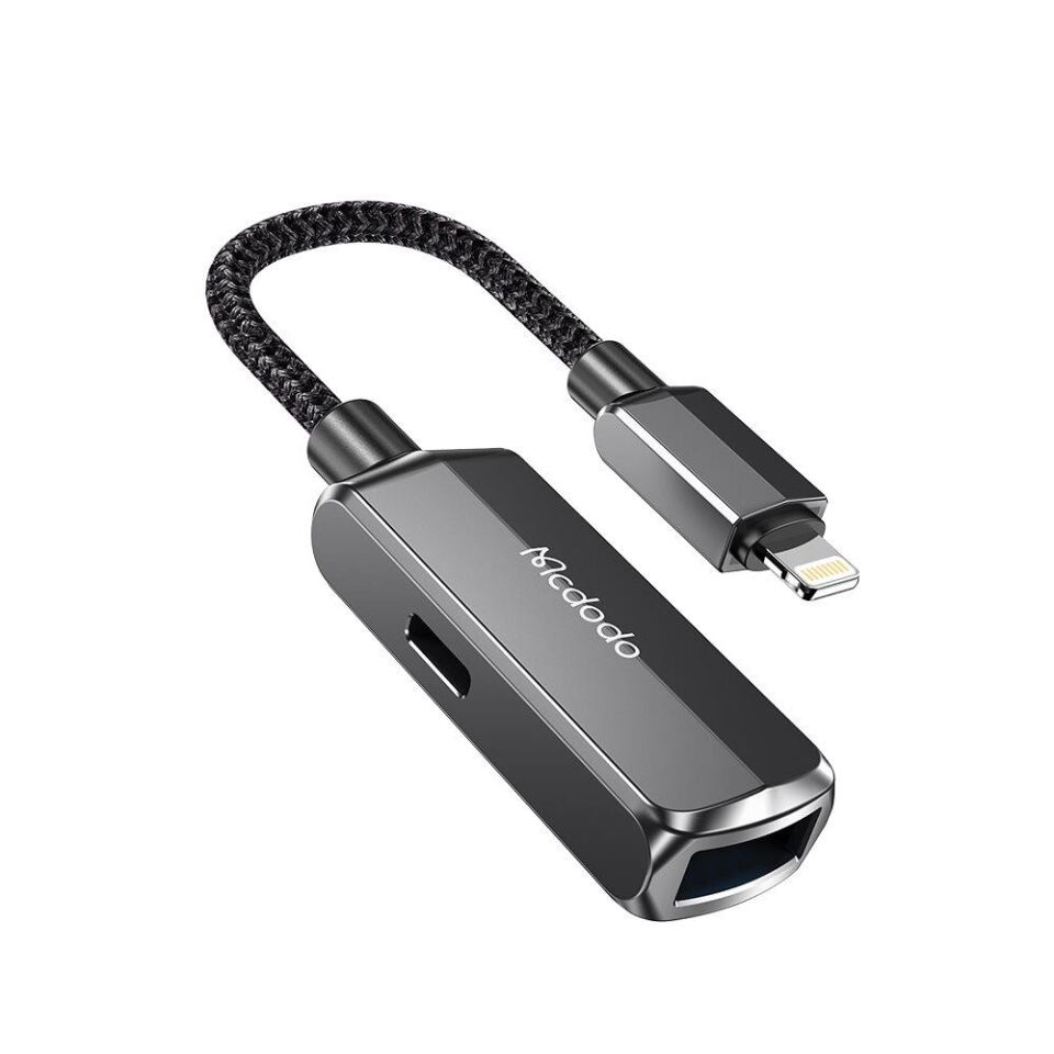 Mcdodo CA-2690 2İN 1 Lightning To USB-A 3.0 + Lightning Şarj Desteği Ve Veri Aktarım Cihazı - Koyu Gri
