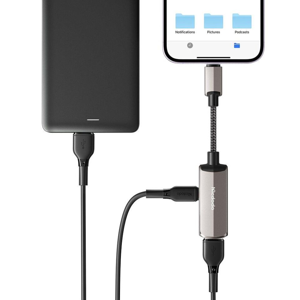Mcdodo CA-2690 2İN 1 Lightning To USB-A 3.0 + Lightning Şarj Desteği Ve Veri Aktarım Cihazı - Koyu Gri