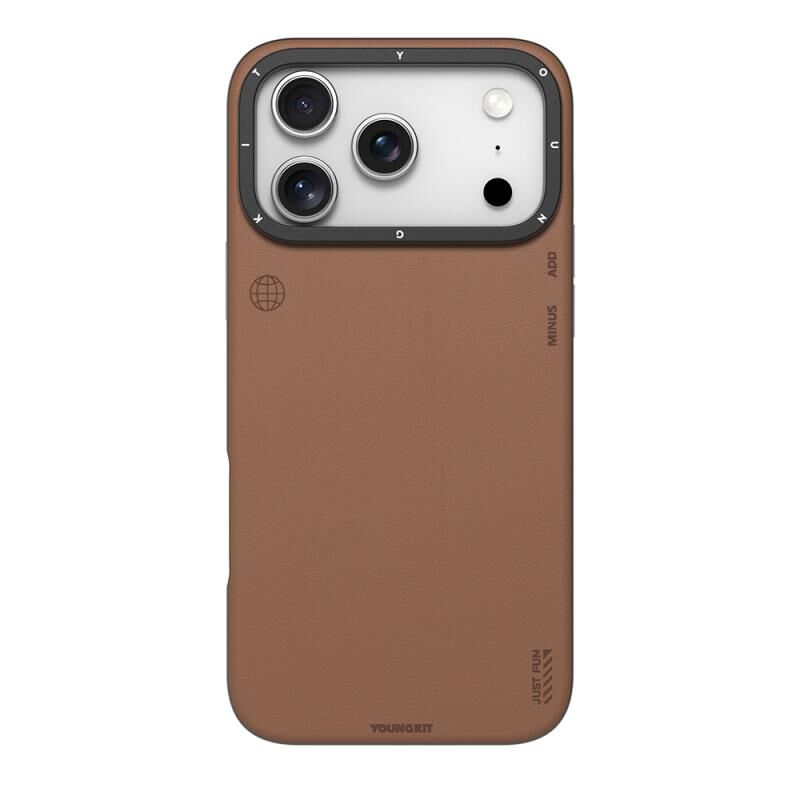 Younkit iPhone 17 Pro Max Magsafe Şarj Özellikli Basit Mat Deri Desenli Tech Fashion Serisi Kılıf Kahverengi