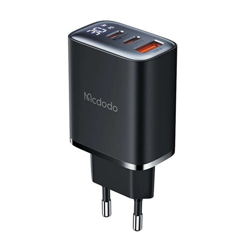 Mcdodo Ch-2180 30W 2 Type-C 1 Usb-A Girişli Digital Göstergeli Hızlı Şarj Aleti - Siyah
