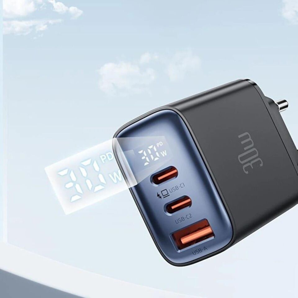 Mcdodo Ch-2180 30W 2 Type-C 1 Usb-A Girişli Digital Göstergeli Hızlı Şarj Aleti - Siyah