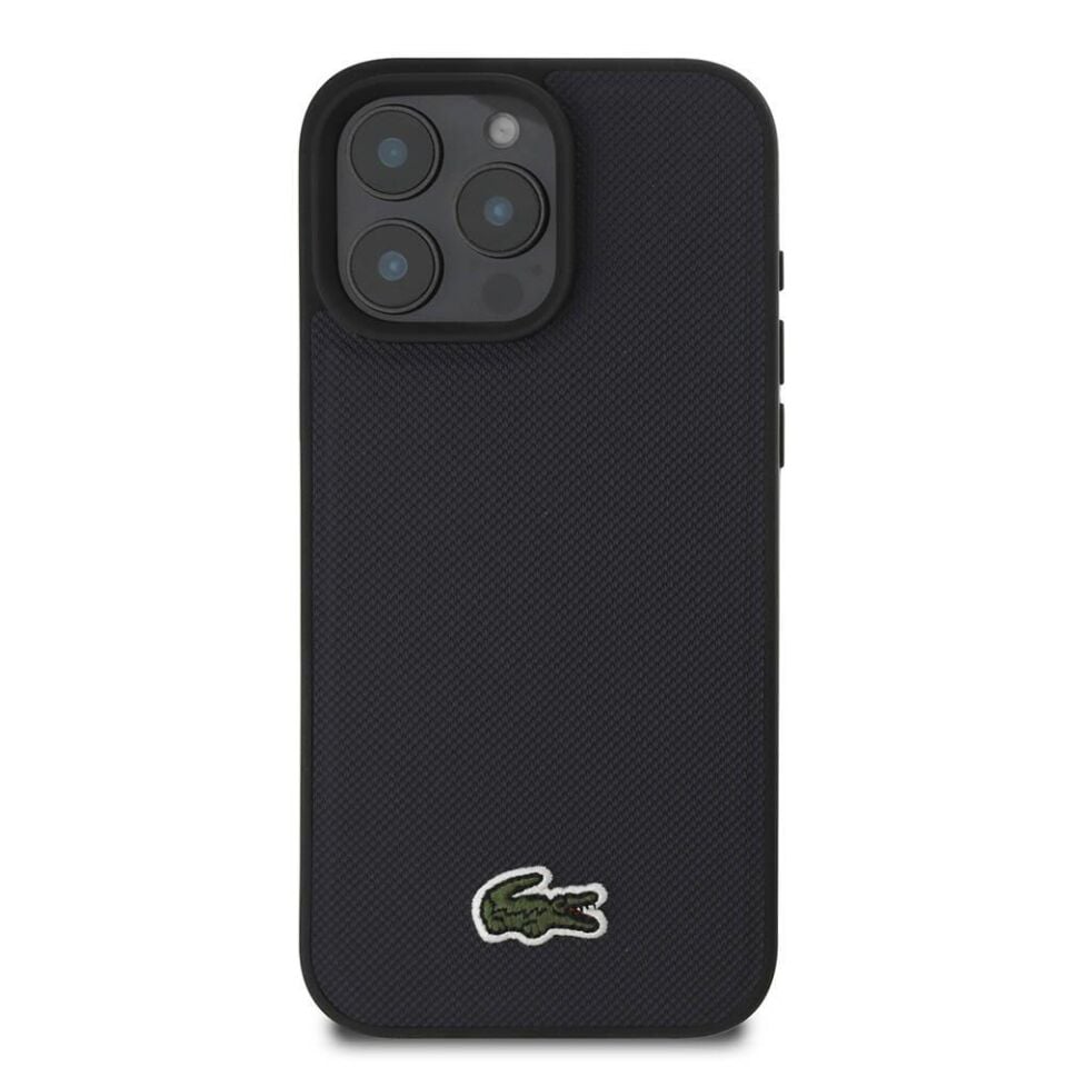 Apple iPhone 16 Pro Max Kılıf - Lacoste Orijinal Lisanslı - PU Pike Desenli Arka Yüzey - İkonik Timsah Dokuma Logolu Kapak - Siyah