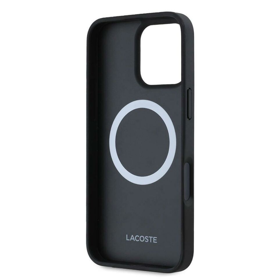 Apple iPhone 16 Pro Max Kılıf - Lacoste Orijinal Lisanslı - PU Pike Desenli Arka Yüzey - İkonik Timsah Dokuma Logolu Kapak - Siyah