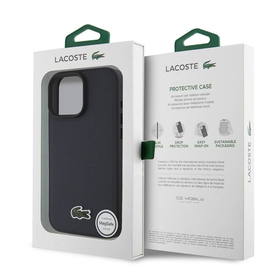 Apple iPhone 16 Pro Max Kılıf - Lacoste Orijinal Lisanslı - PU Pike Desenli Arka Yüzey - İkonik Timsah Dokuma Logolu Kapak - Siyah