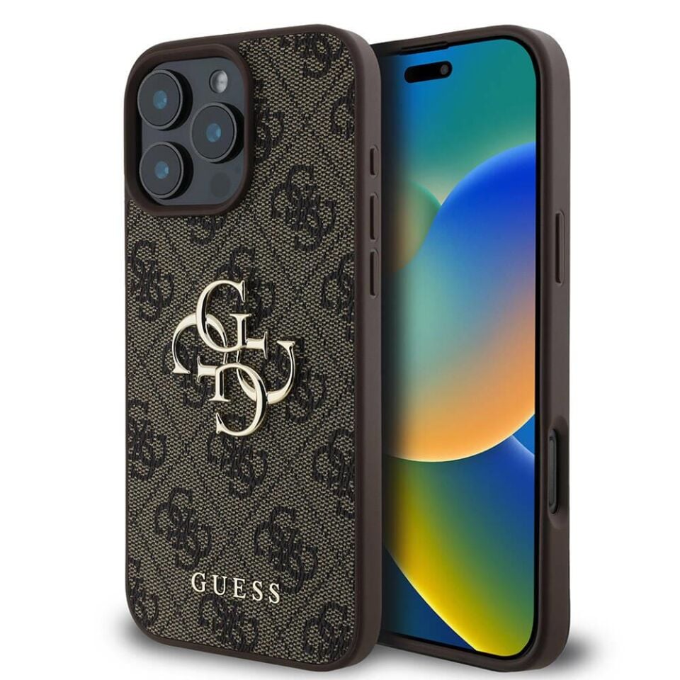 Apple iPhone 16 Pro Kılıf - Guess Orijinal Lisanslı PU Deri Desenli - Metal Büyük 4G ve Yazı Logolu Kapak - Kahverengi