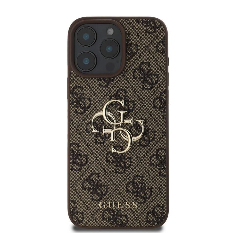 Apple iPhone 16 Pro Kılıf - Guess Orijinal Lisanslı PU Deri Desenli - Metal Büyük 4G ve Yazı Logolu Kapak - Kahverengi