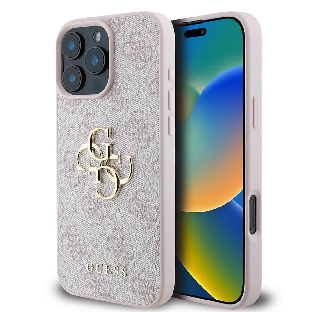 Apple iPhone 16 Pro Max Kılıf - Guess Orijinal Lisanslı PU Deri Desenli - Metal Büyük 4G ve Yazı Logolu Kapak - Pembe