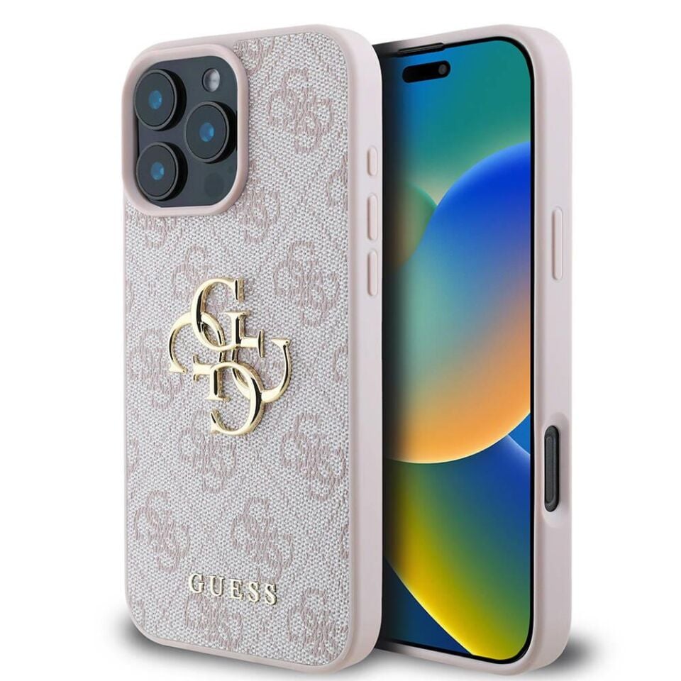 Apple iPhone 16 Pro Max Kılıf - Guess Orijinal Lisanslı PU Deri Desenli - Metal Büyük 4G ve Yazı Logolu Kapak - Pembe