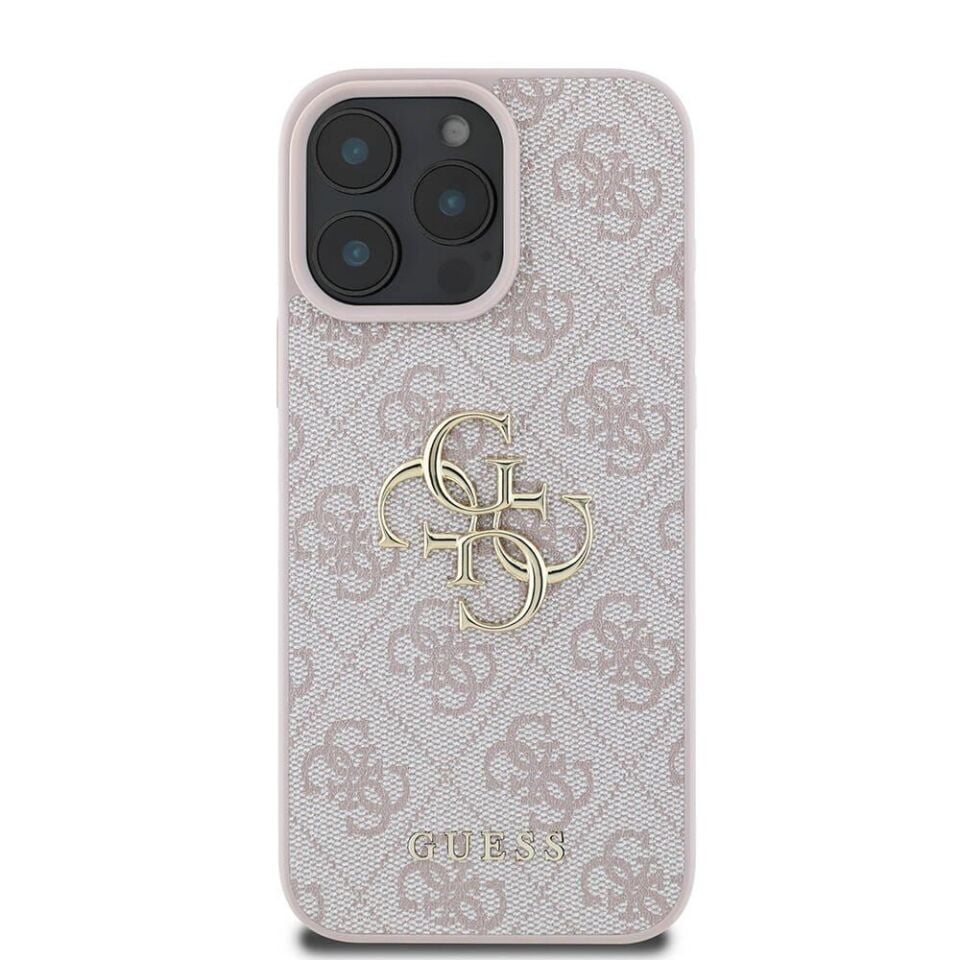 Apple iPhone 16 Pro Max Kılıf - Guess Orijinal Lisanslı PU Deri Desenli - Metal Büyük 4G ve Yazı Logolu Kapak - Pembe