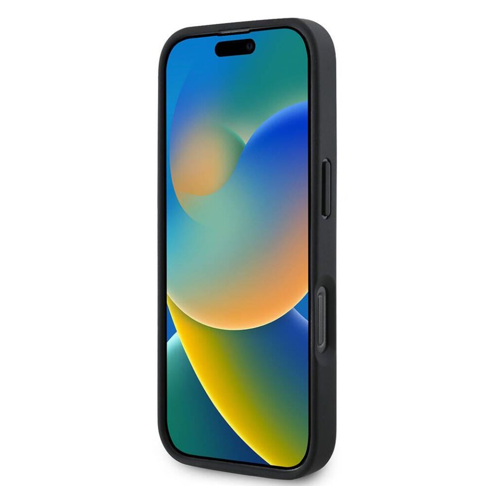 Apple iPhone 16 Pro Kılıf - Guess Orijinal Lisanslı - PU Deri - Taşlı Metal Üçgen Logolu - Çapraz Vücut Askılı - 4G Desenli Kapak - Siyah