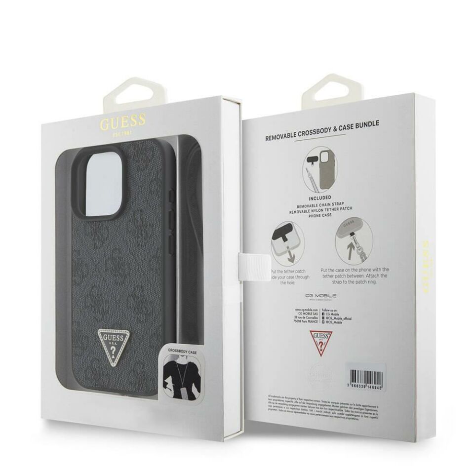 Apple iPhone 16 Pro Kılıf - Guess Orijinal Lisanslı - PU Deri - Taşlı Metal Üçgen Logolu - Çapraz Vücut Askılı - 4G Desenli Kapak - Siyah