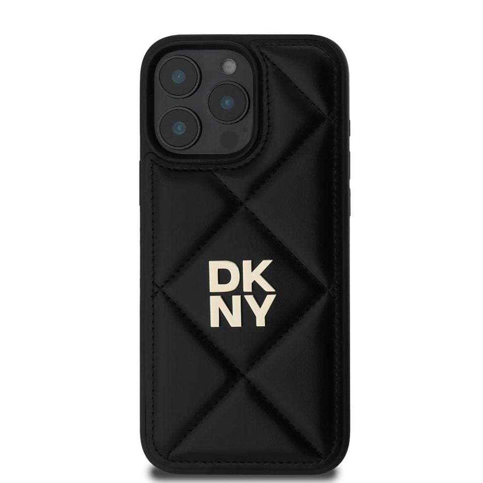 Apple iPhone 16 Pro Max Kılıf - DKNY Orijinal Lisanslı - Kapitone Tasarımlı - Metal Logolu - Deri Kapak - Siyah