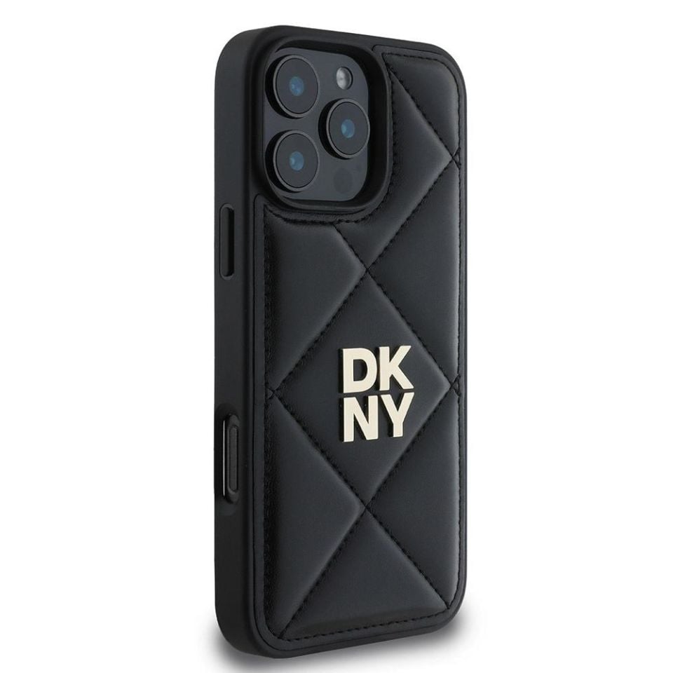 Apple iPhone 16 Pro Max Kılıf - DKNY Orijinal Lisanslı - Kapitone Tasarımlı - Metal Logolu - Deri Kapak - Siyah