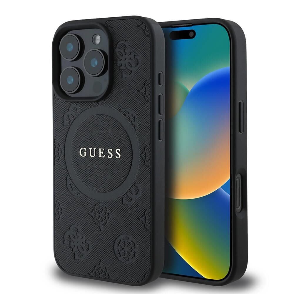 Apple iPhone 16 Pro Kılıf - Guess Orijinal Lisanslı - Magsafe Şarj Özellikli - Yazı Logolu - Saffiano Peony Kapak - Siyah