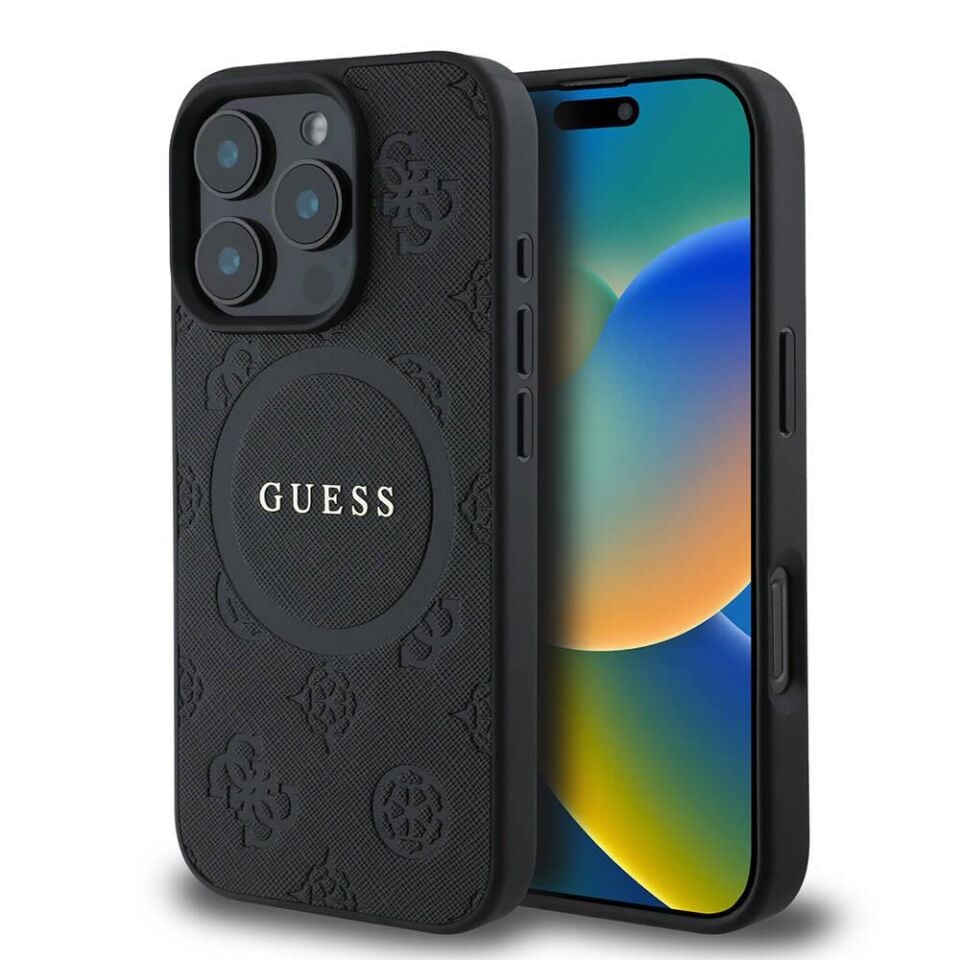 Apple iPhone 16 Pro Kılıf - Guess Orijinal Lisanslı - Magsafe Şarj Özellikli - Yazı Logolu - Saffiano Peony Kapak - Siyah