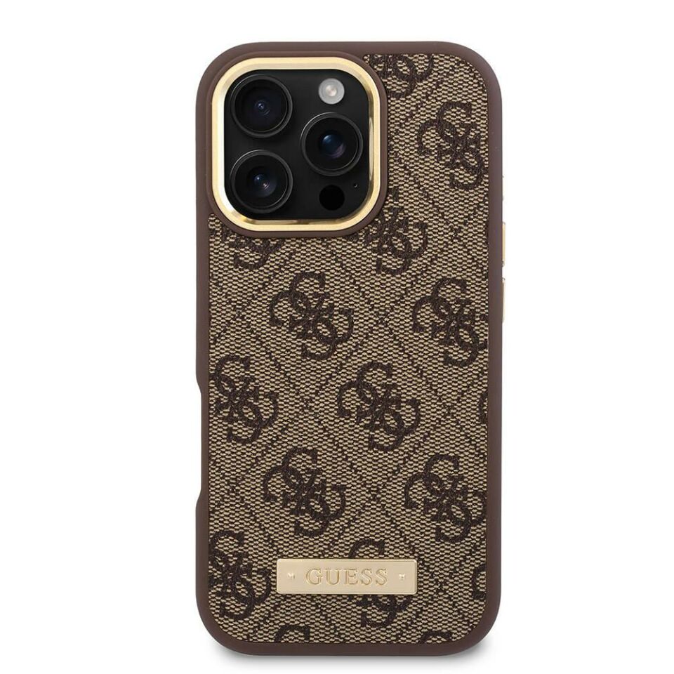 Apple iPhone 16 Pro Kılıf - Guess Orijinal Lisanslı - Magsafe Şarj Özellikli - 4G Desenli - PU Metal Plaka - Klasik Logolu Kapak - Kahverengi