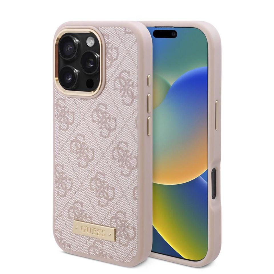 Apple iPhone 16 Pro Max Kılıf - Guess Orijinal Lisanslı - Magsafe Şarj Özellikli - 4G Desenli - PU Metal Plaka - Klasik Logolu Kapak - Pembe