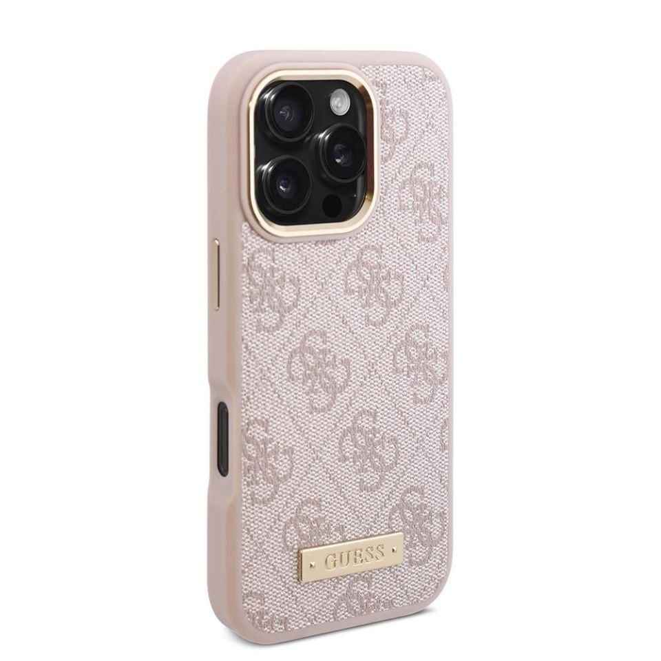 Apple iPhone 16 Pro Max Kılıf - Guess Orijinal Lisanslı - Magsafe Şarj Özellikli - 4G Desenli - PU Metal Plaka - Klasik Logolu Kapak - Pembe