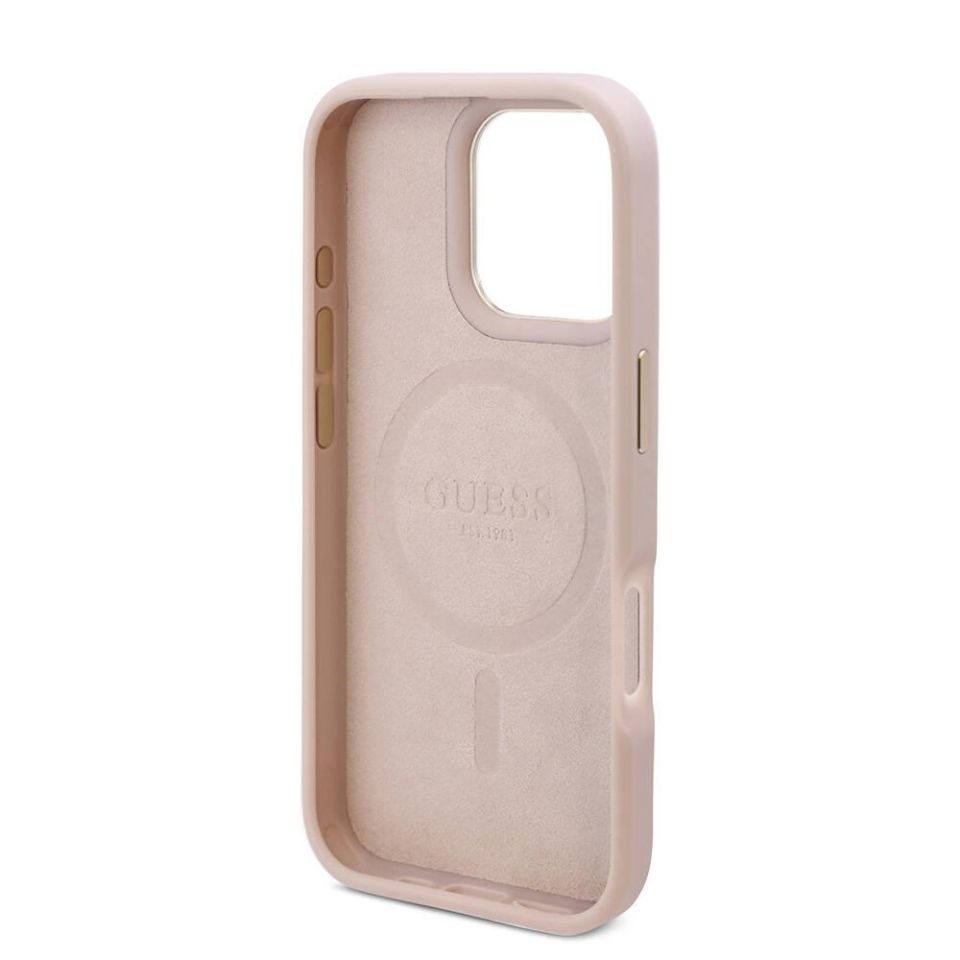 Apple iPhone 16 Pro Max Kılıf - Guess Orijinal Lisanslı - Magsafe Şarj Özellikli - 4G Desenli - PU Metal Plaka - Klasik Logolu Kapak - Pembe