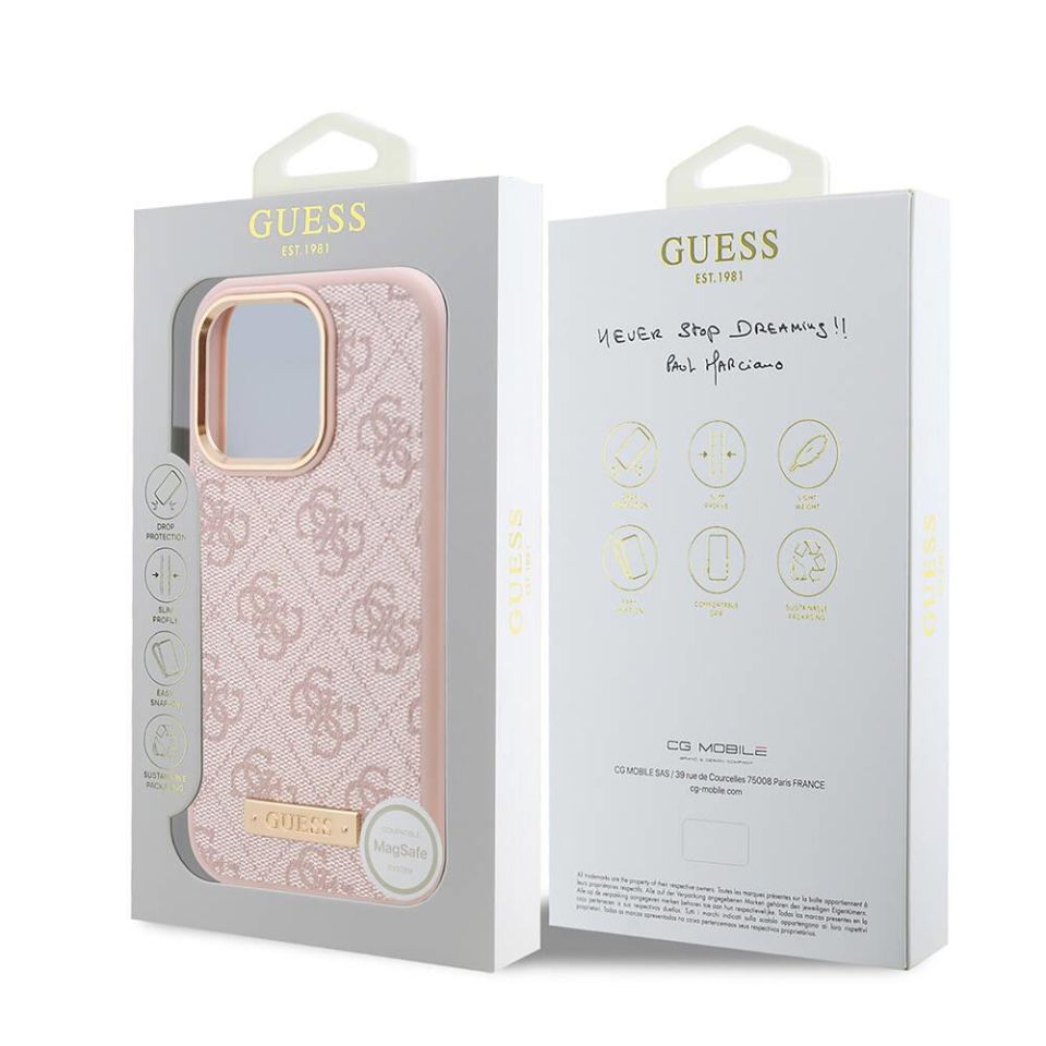 Apple iPhone 16 Pro Max Kılıf - Guess Orijinal Lisanslı - Magsafe Şarj Özellikli - 4G Desenli - PU Metal Plaka - Klasik Logolu Kapak - Pembe
