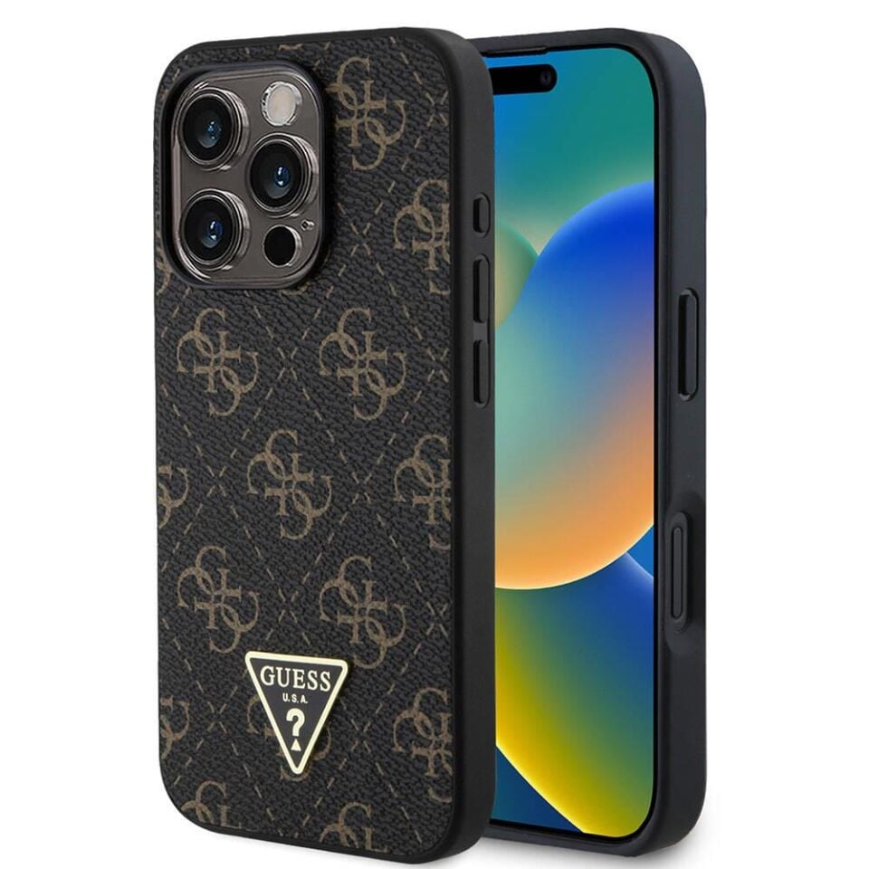 Apple iPhone 16 Pro Kılıf - Guess Orijinal Lisanslı - PU Deri - 4G Desenli - Üçgen Logolu Kapak - Siyah