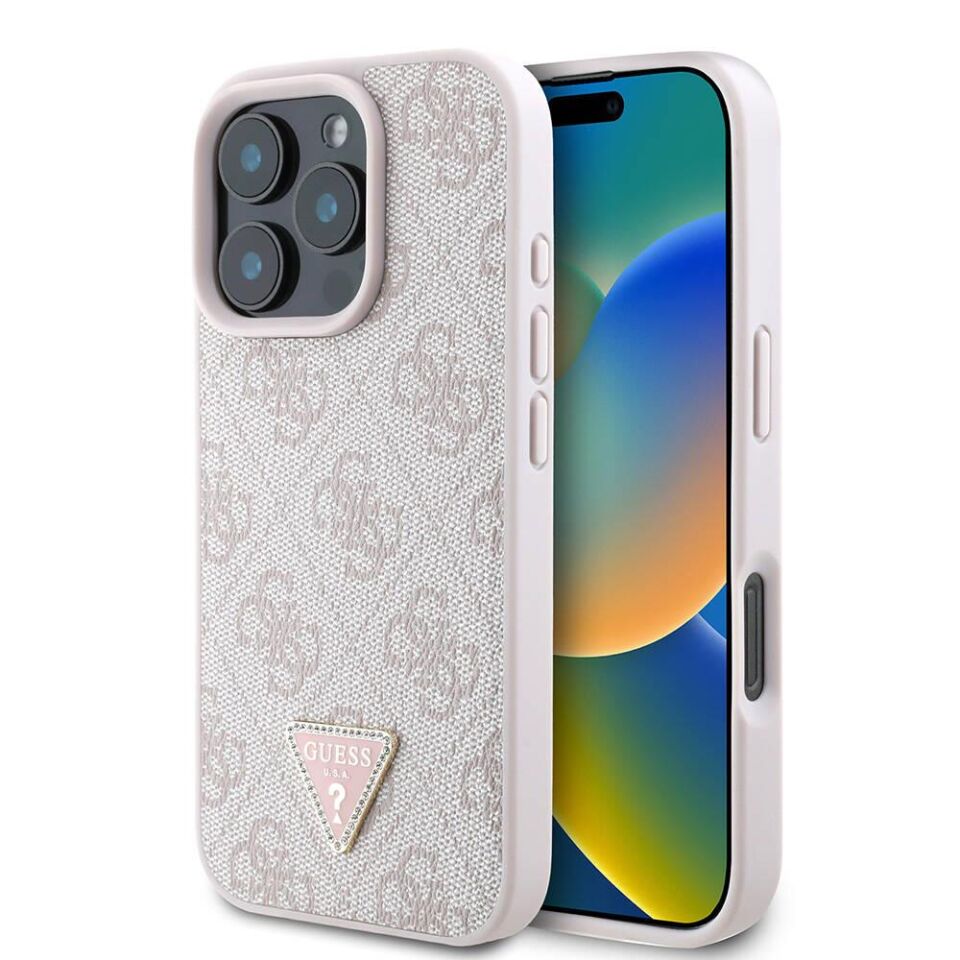 Apple iPhone 16 Pro Max Kılıf - Guess Orijinal Lisanslı - PU Deri - 4G Desenli -  Taşlı Üçgen Logolu Kapak - Pembe